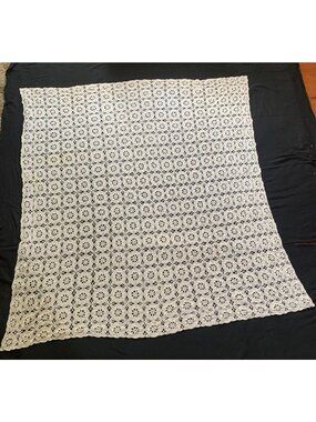 Handmade Crochet Lace White Tablecloth 59x62 Vintage